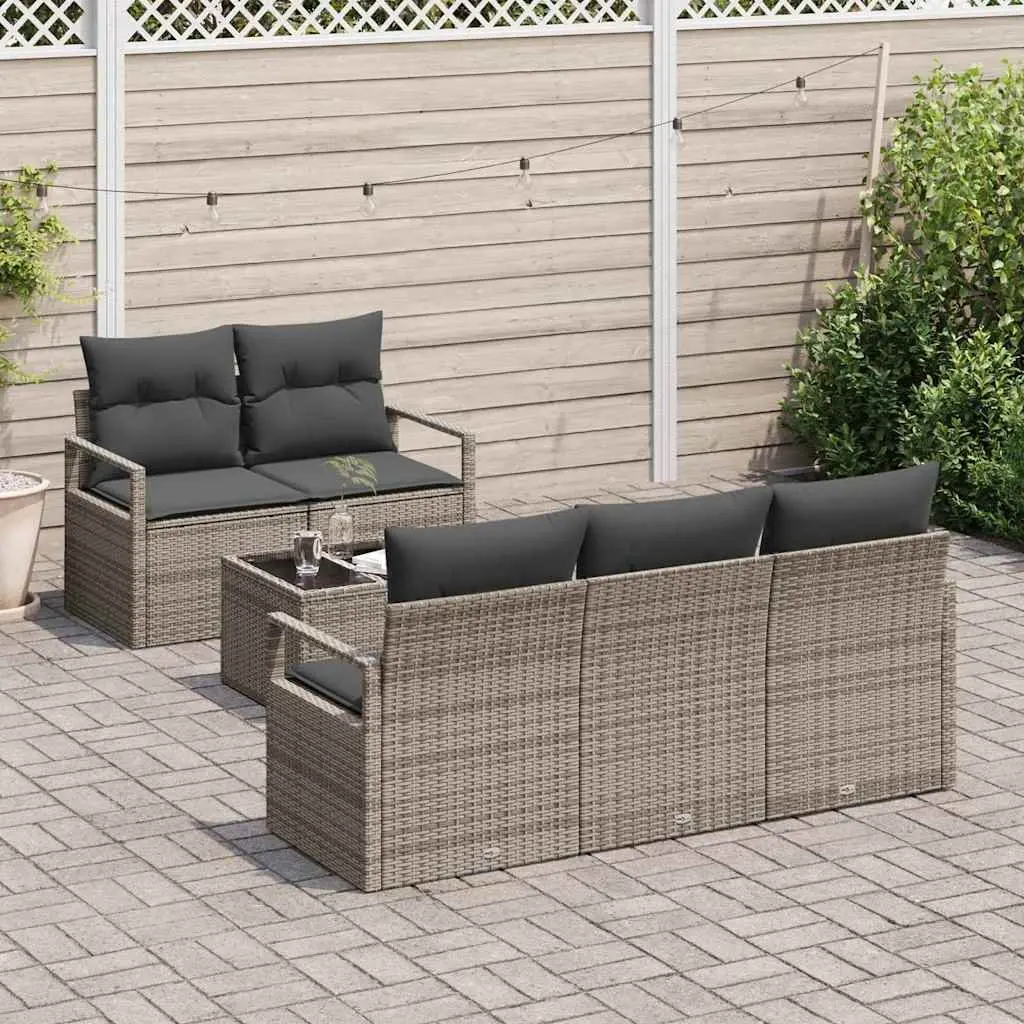 Modular Garden Sofa Set 6 Piece Poly Rattan Grey Outdoor Furniture with Cushions