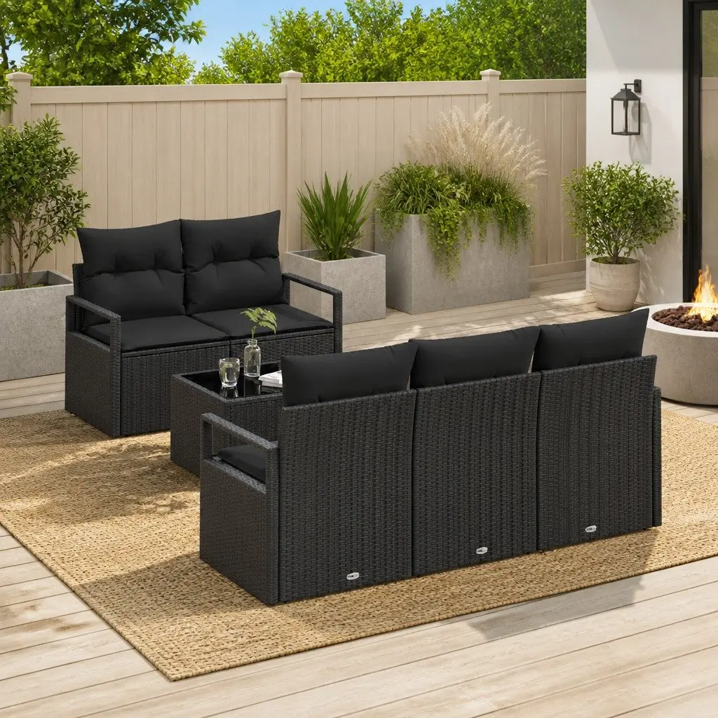 Modular Outdoor Seating Sofa Set Poly Rattan Black 6 Piece with Cushions and Glass Table for Garden Terrace and Patio