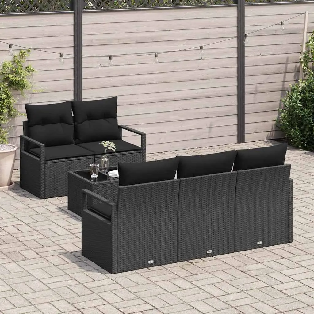 Modular Outdoor Seating Sofa Set Poly Rattan Black 6 Piece with Cushions and Glass Table for Garden Terrace and Patio