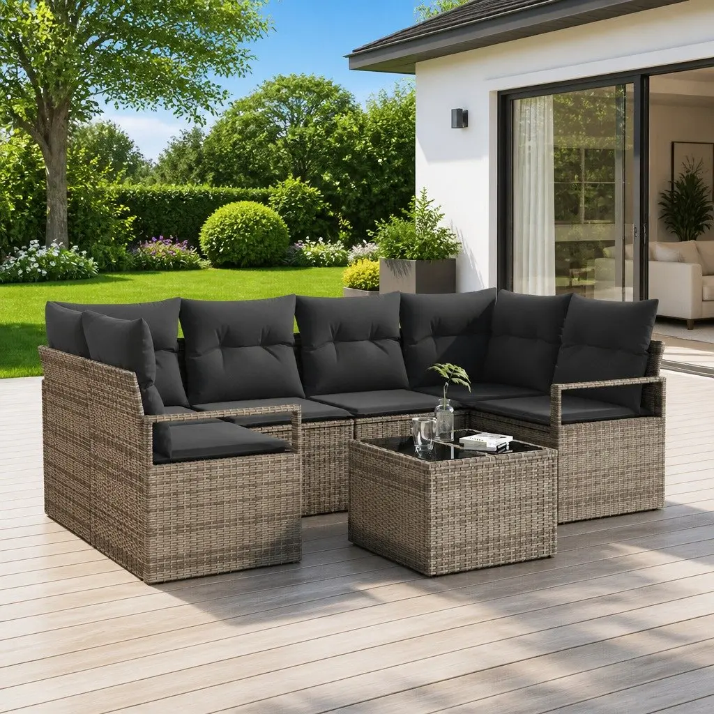 Outdoor Garden Sofa Set 7 Pieces Modular Grey Poly Rattan Steel Glass Patio
