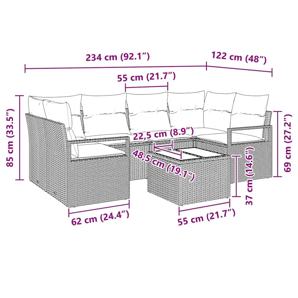Outdoor Garden Sofa Set 7 Pieces Modular Grey Poly Rattan Steel Glass Patio