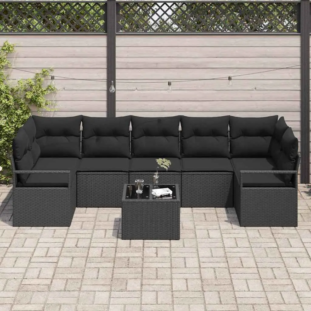 Outdoor Garden Sofa Set Modular Poly Rattan Steel Frame Glass Table 8 Piece Black