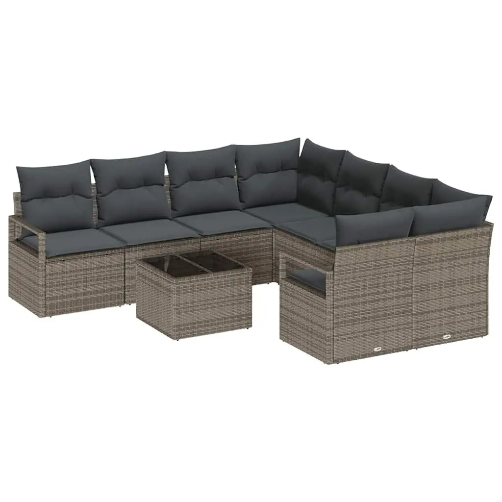 Outdoor Sofa Set 9 Pieces Grey Poly Rattan Garden Furniture with Cushions