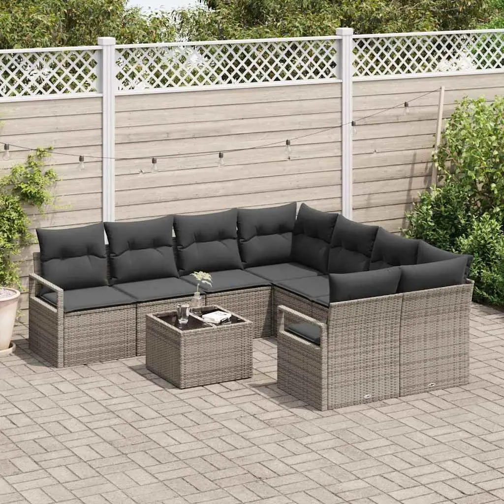 Outdoor Sofa Set 9 Pieces Grey Poly Rattan Garden Furniture with Cushions