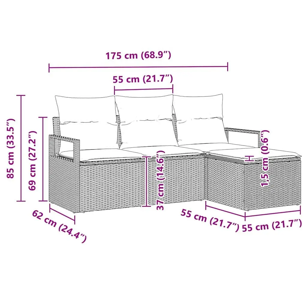 Outdoor Sofa Set Poly Rattan 4 Piece Black Garden Seating with Storage Cushions