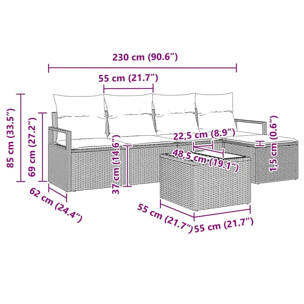 Outdoor Sofa Set Modular Poly Rattan 6 Piece Light Grey with Storage Cushions