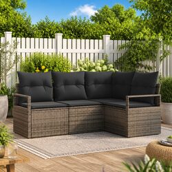 Outdoor Sofa Set 4 Piece Grey Poly Rattan Garden Seating Modular with Cushion