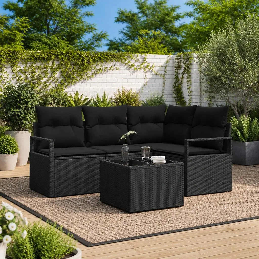 5 Piece Modular Sofa Set Black Poly Rattan Garden Furniture Seating with Cushions