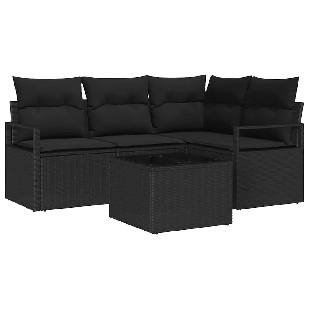 5 Piece Modular Sofa Set Black Poly Rattan Garden Furniture Seating with Cushions