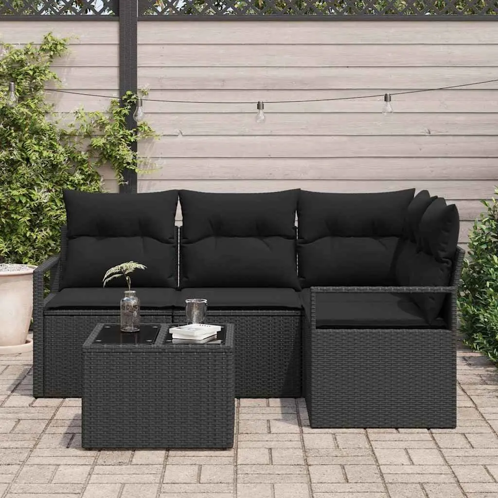 5 Piece Modular Sofa Set Black Poly Rattan Garden Furniture Seating with Cushions
