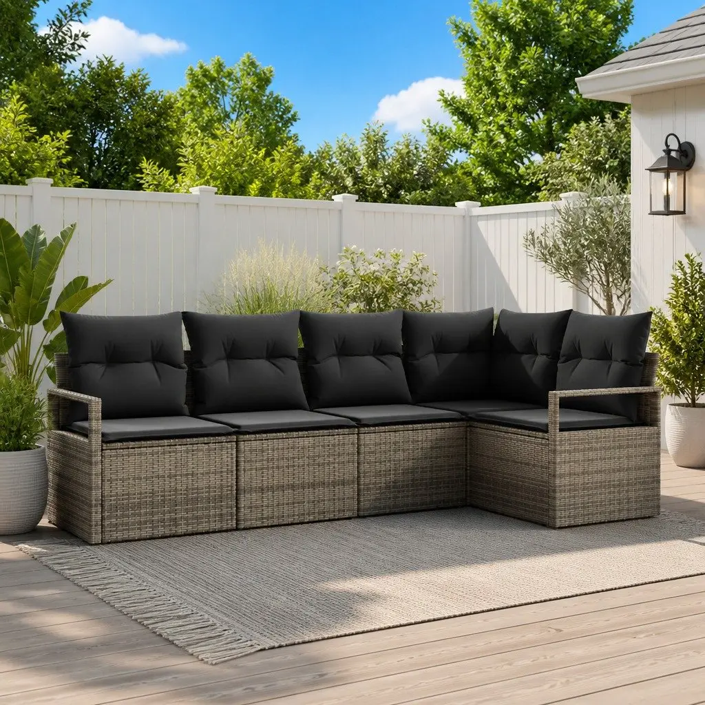 Modular Sectional Outdoor Sofa Set 5 Piece Grey Poly Rattan with Cushions and Storage Bag