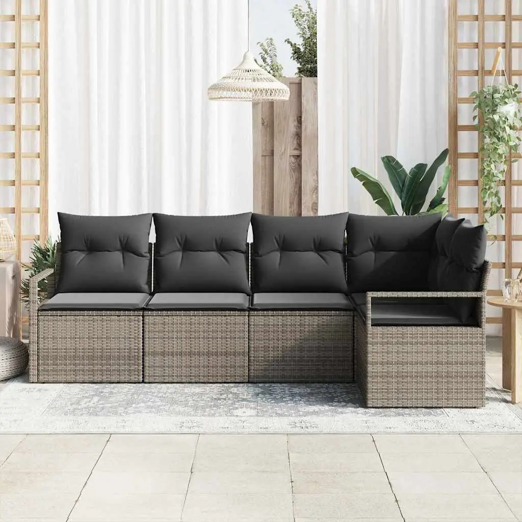 Modular Sectional Outdoor Sofa Set 5 Piece Grey Poly Rattan with Cushions and Storage Bag