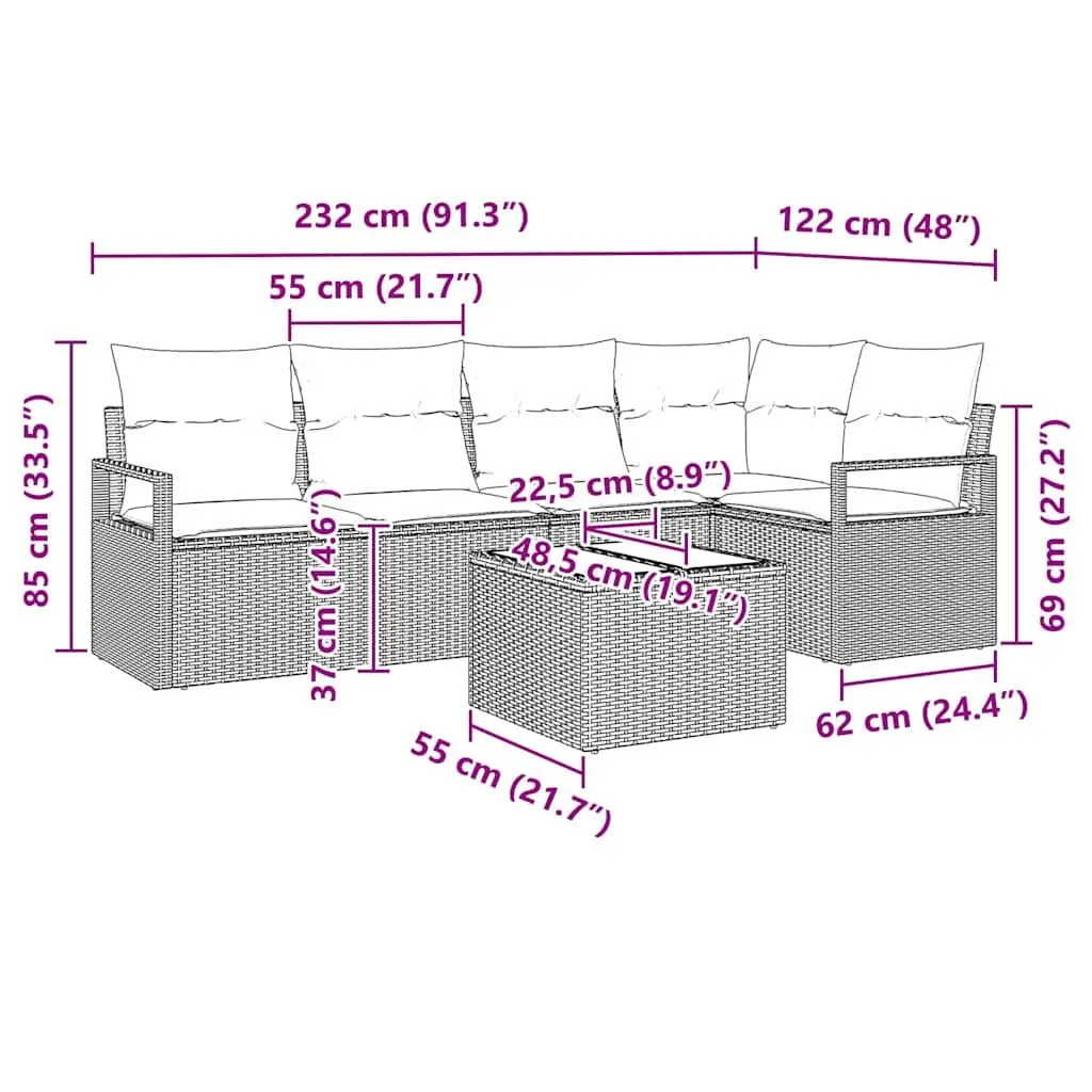 ModularGardenSofaSetLightGreyPolyRattan6PieceSectionalOutdoorSeating