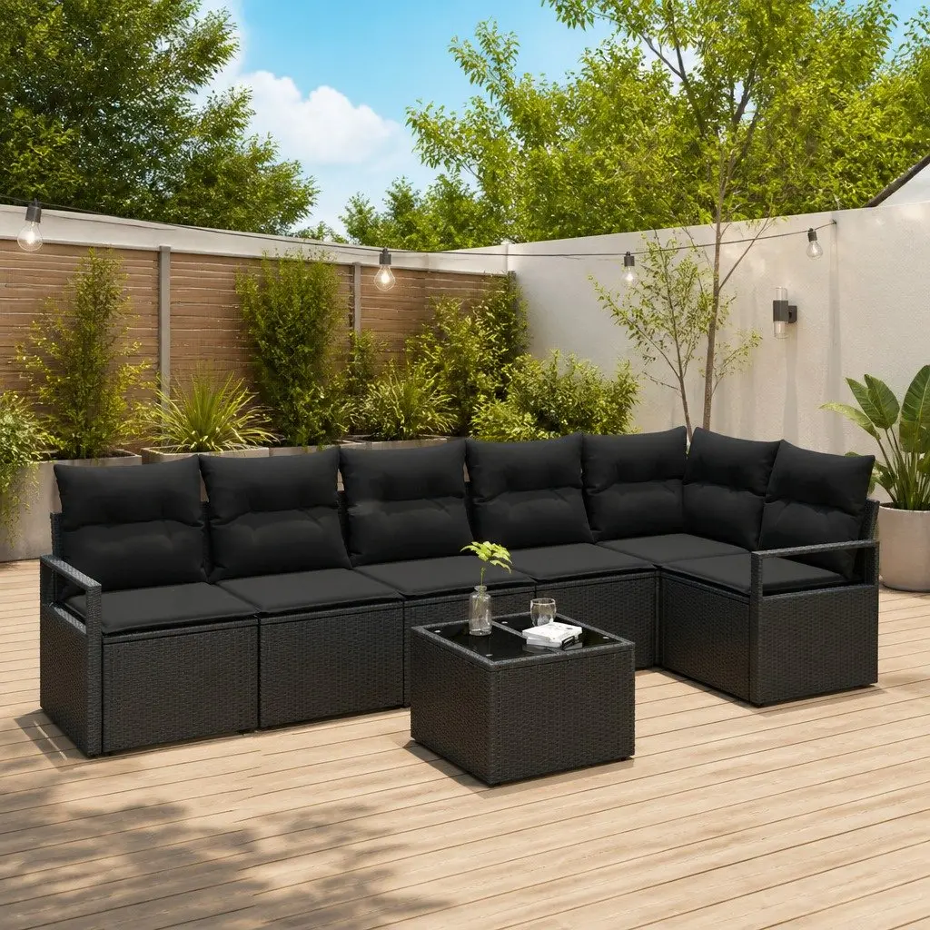 Outdoor Garden Sofa Set 7 Piece Black Poly Rattan Modular Seating Patio