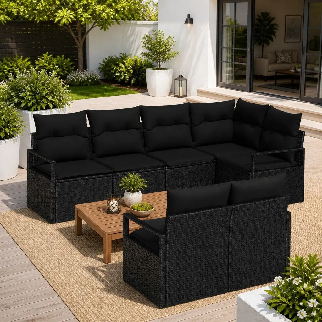Outdoor Sofa Set Poly Rattan 7 Piece Black