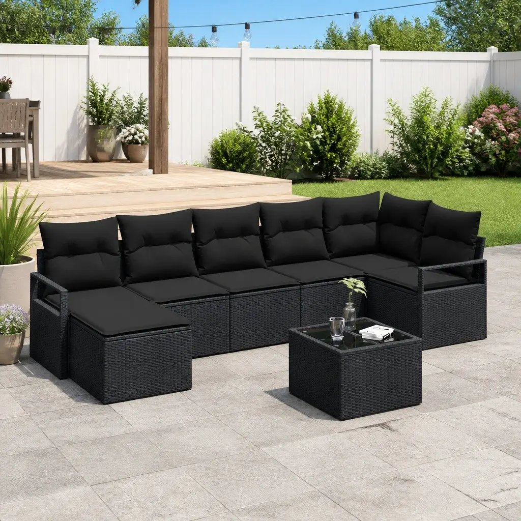 Outdoor Sofa Set 8pcs Black Poly Rattan Modular Garden Seating with Storage