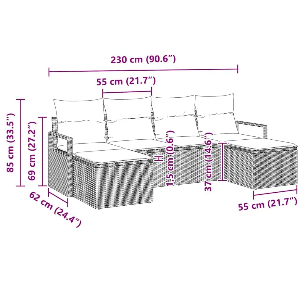 Outdoor Sofa Set 6 Pcs Grey Poly Rattan Modular Garden Seating Storage Cushions