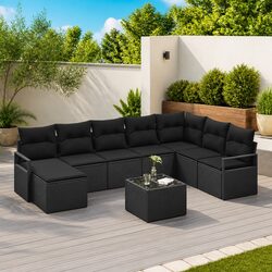 Outdoor Sofa Set 9 Piece Modular Garden Seating Black Poly Rattan with Storage