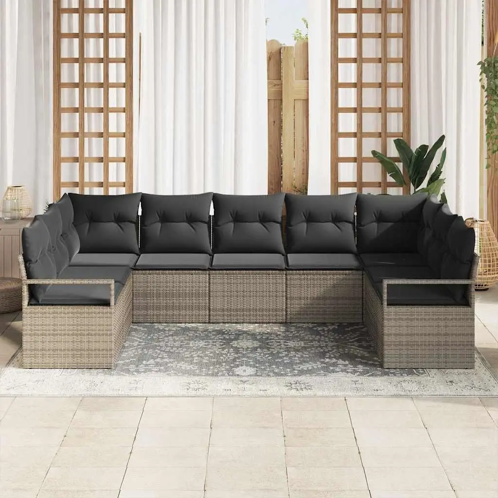 Outdoor Garden Sofa Set Poly Rattan 9 Piece Grey with Cushion