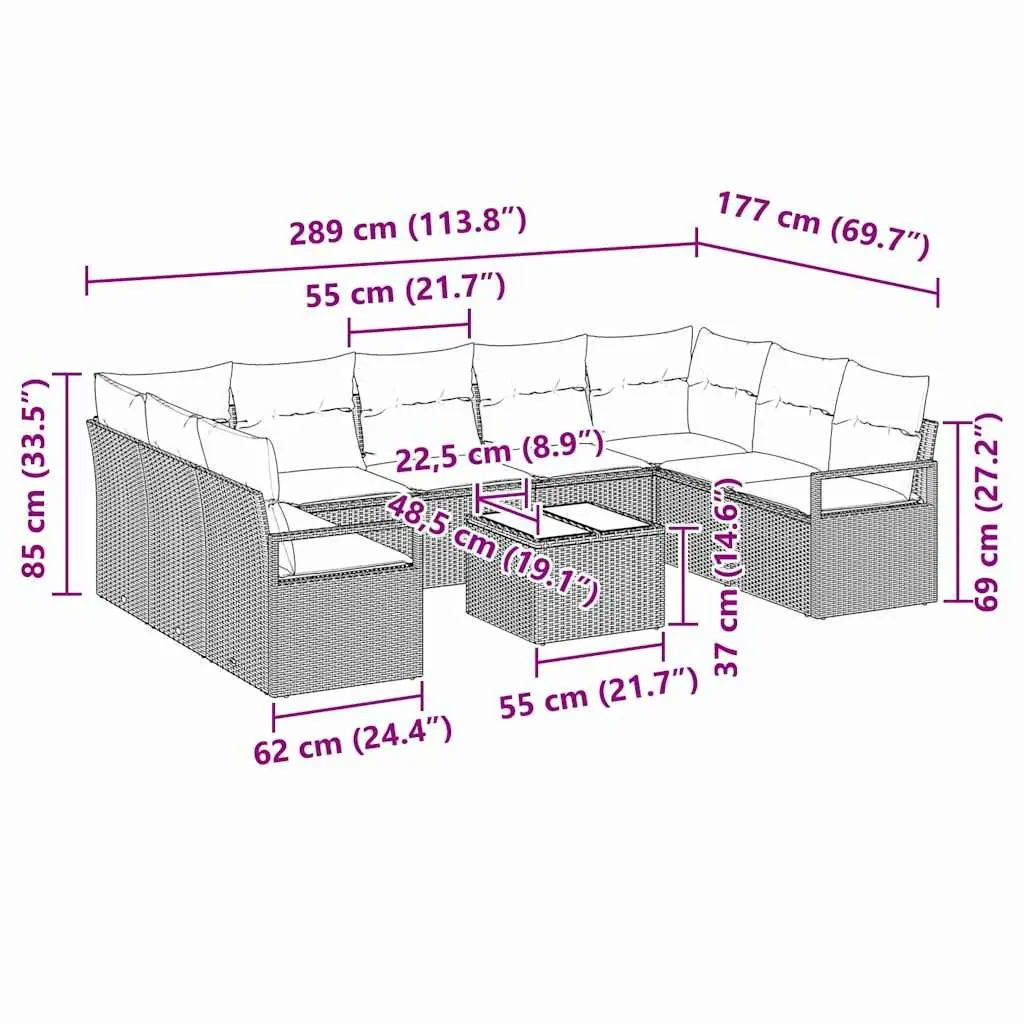 10 Piece Outdoor Garden Sofa Set Black Poly Rattan Patio Furniture with Cushions