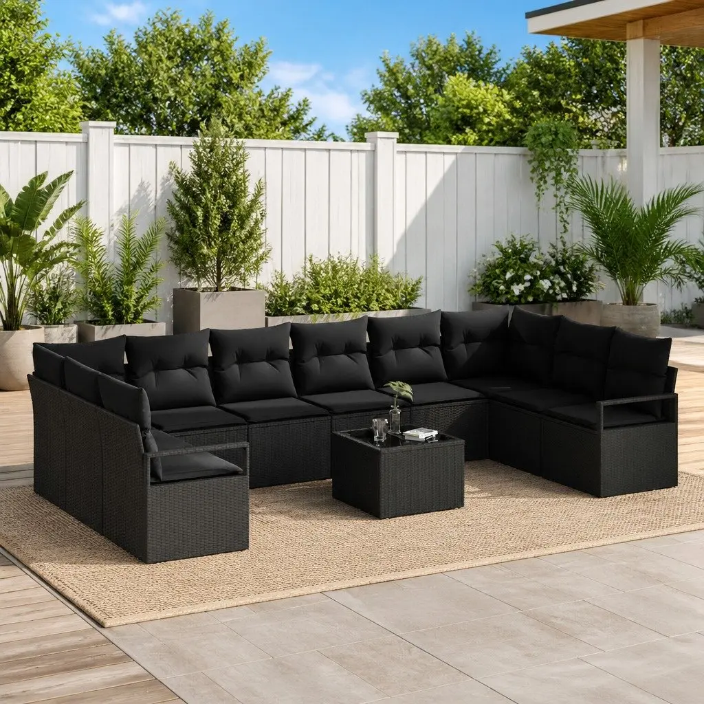 Modular Outdoor Sofa Set 11 Pieces Black Poly Rattan and Powder-Coated Steel