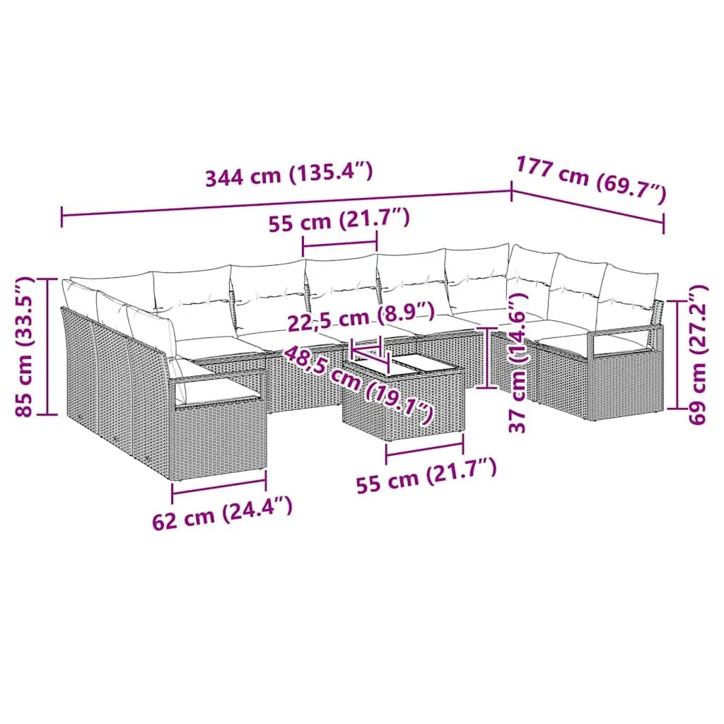 Modular Outdoor Sofa Set 11 Pieces Black Poly Rattan and Powder-Coated Steel