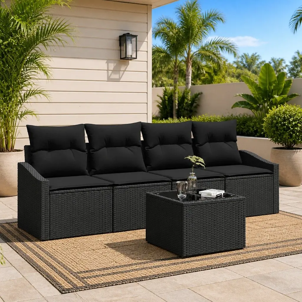 Outdoor Sofa Set Poly Rattan 5 Pieces Black Garden Furniture