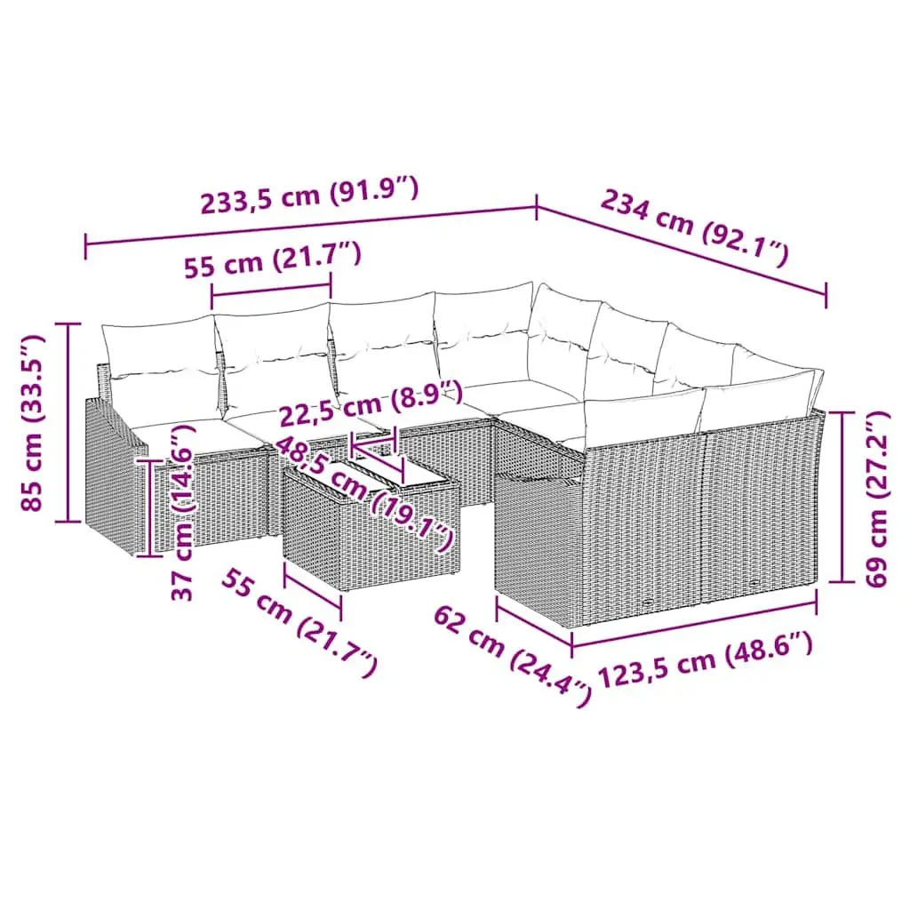 Outdoor Sofa Set 9 Pieces Garden Seating Poly Rattan Modular with Storage Table