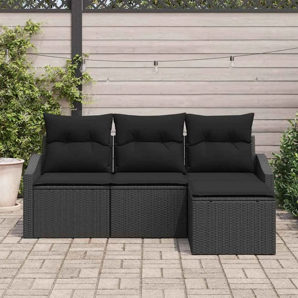 4-Piece Outdoor Sofa Set with Storage Poly Rattan Garden Seating Black Cushions