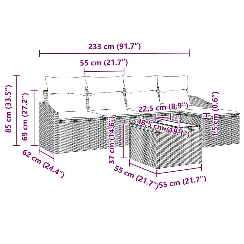 Outdoor Sofa Set Modular Poly Rattan 6 Piece Light Grey