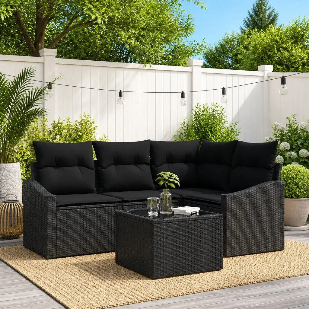 Outdoor Garden Sofa Set 5 Piece Black Poly Rattan Corner Sectional Furniture