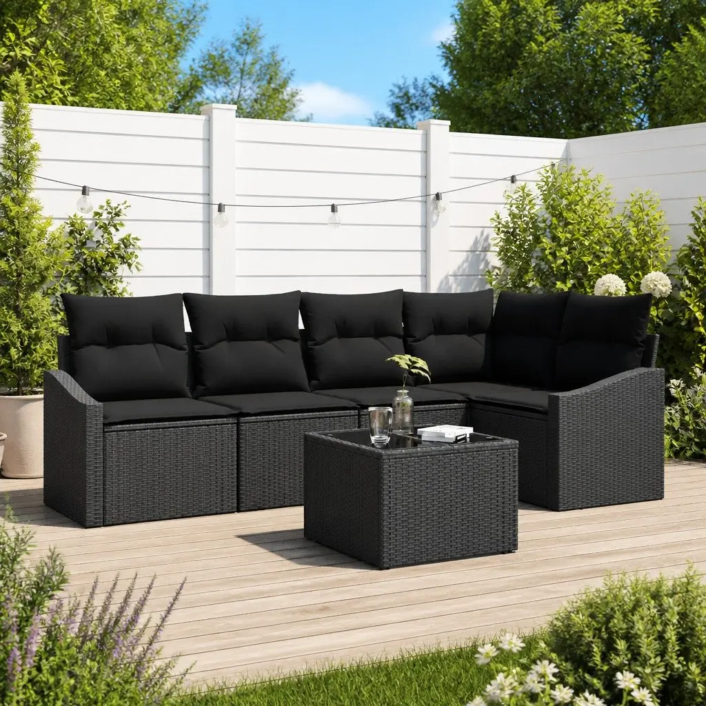 Outdoor Garden Sofa Set Poly Rattan 6 Pieces Black with Cushions
