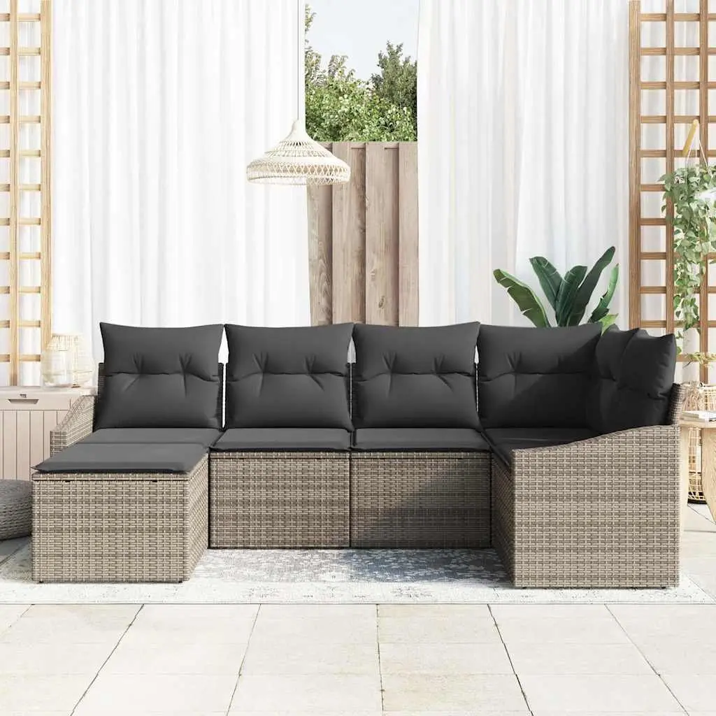 Garden Dining Set 6 Piece Grey Modular Outdoor Sofa Set with Storage Benches Poly Rattan and Powder Coated Steel