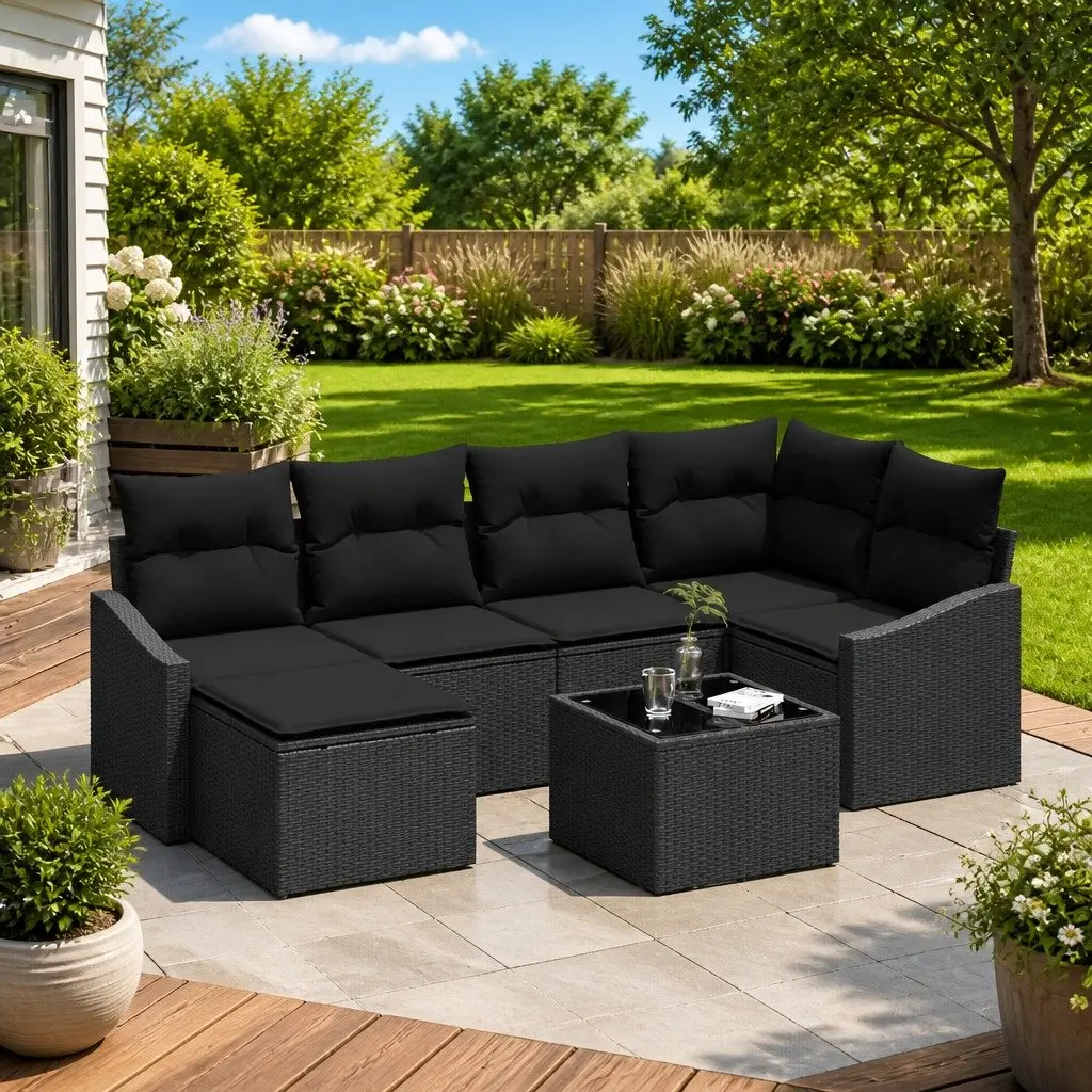 Garden Dining Set Poly Rattan Foam Filling Powder Coated Steel 7 Piece Black Outdoor Patio Furniture