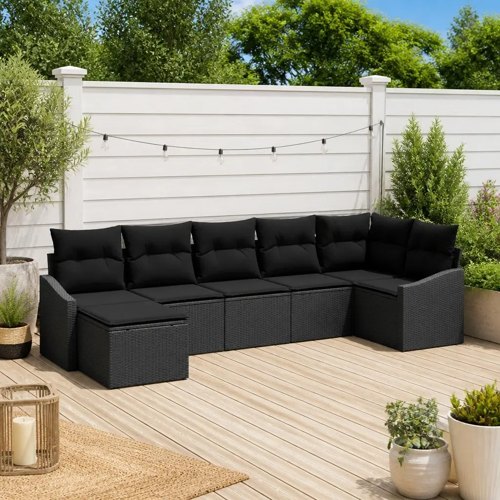 Garden Sofa Set Poly Rattan 7 Piece Modular Lounge Seating Black