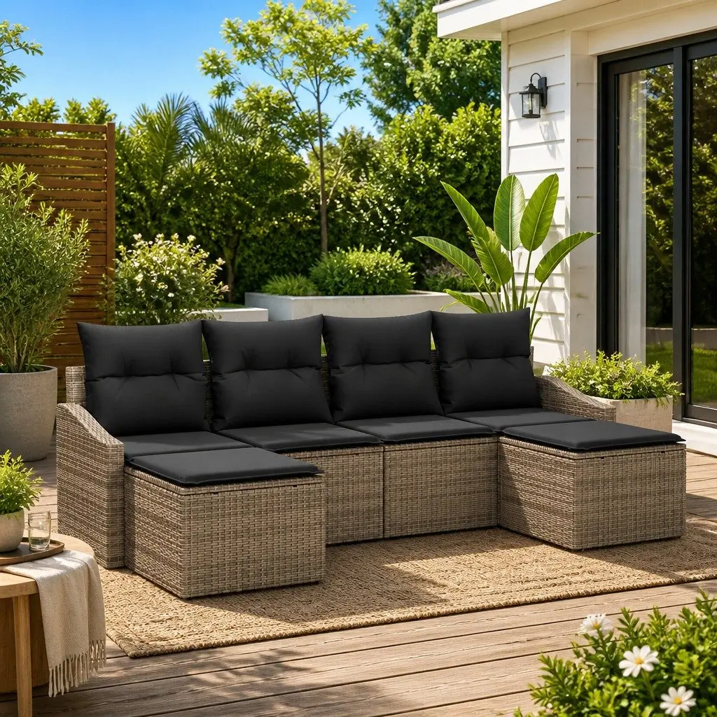 Garden Dining Set Poly Rattan Steel Frame 6 Piece Grey Outdoor Table Chairs