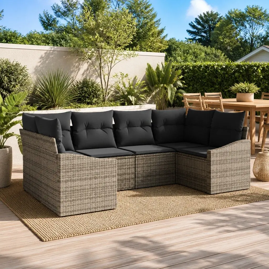 Modular Garden Sofa Set Grey Poly Rattan Acacia Wood 6 Piece Outdoor Lounge Seating