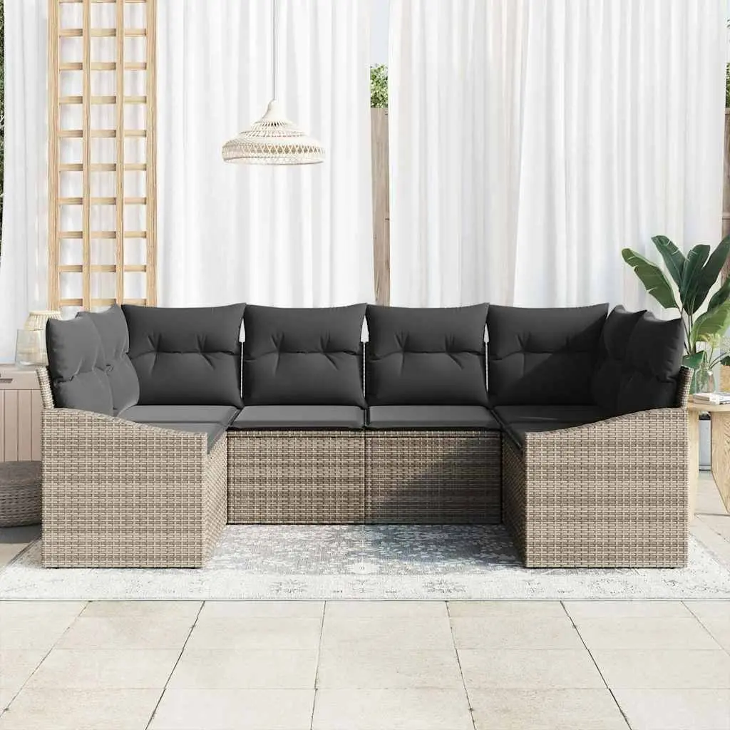 Modular Garden Sofa Set Grey Poly Rattan Acacia Wood 6 Piece Outdoor Lounge Seating