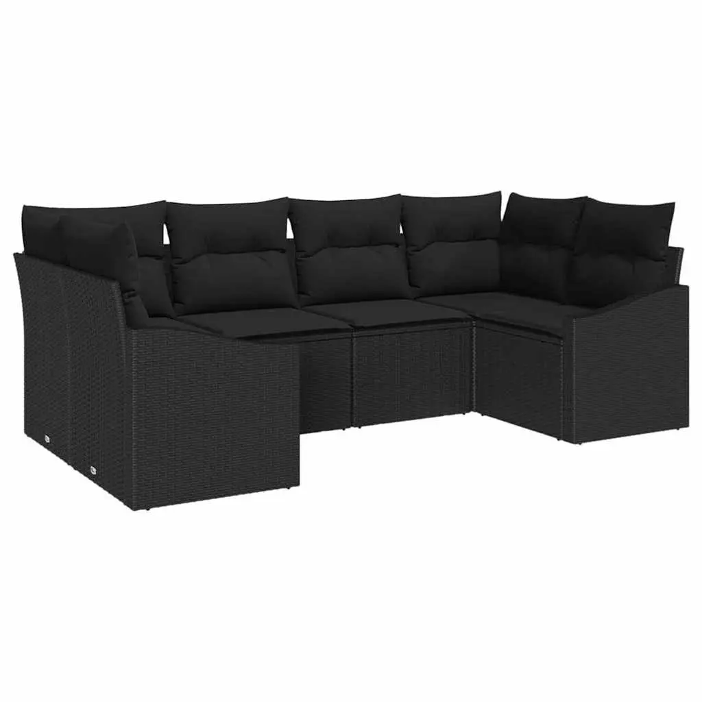 Outdoor Sofa Set Modular Poly Rattan Acacia Wood 6 Piece Black