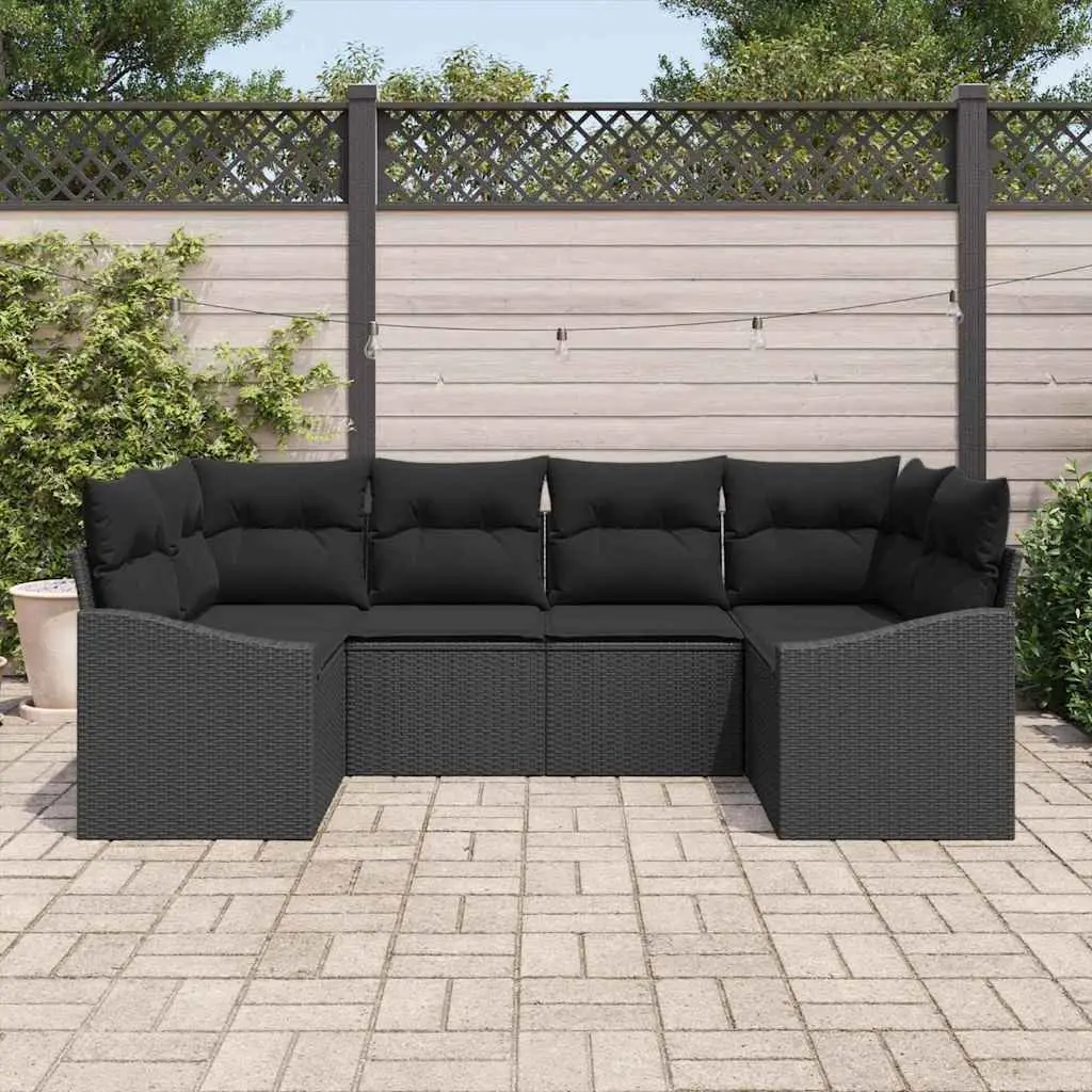 Outdoor Sofa Set Modular Poly Rattan Acacia Wood 6 Piece Black