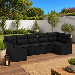 Outdoor Garden Sofa Set 7 Pieces Black Poly Rattan Modular Seating with Storage