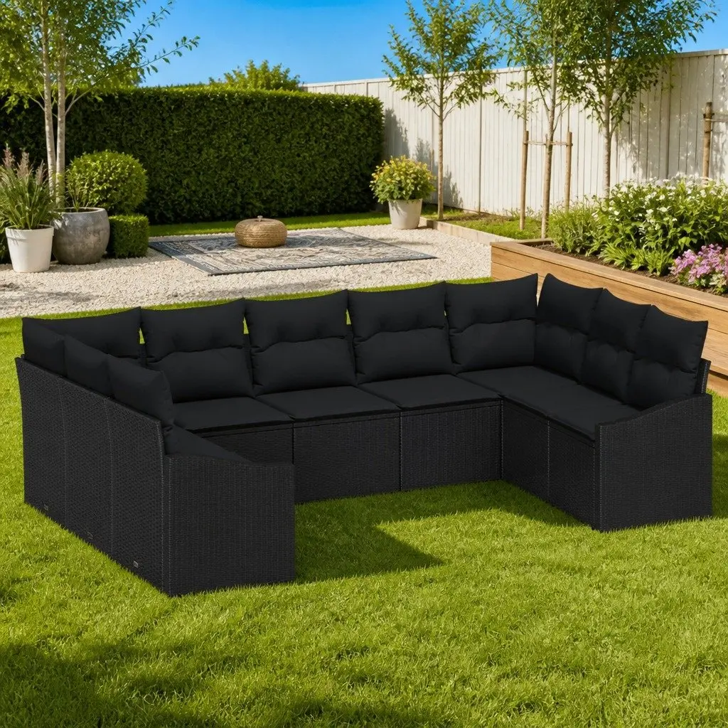 9 Piece Modular Garden Sofa Set Black Poly Rattan Outdoor Furniture