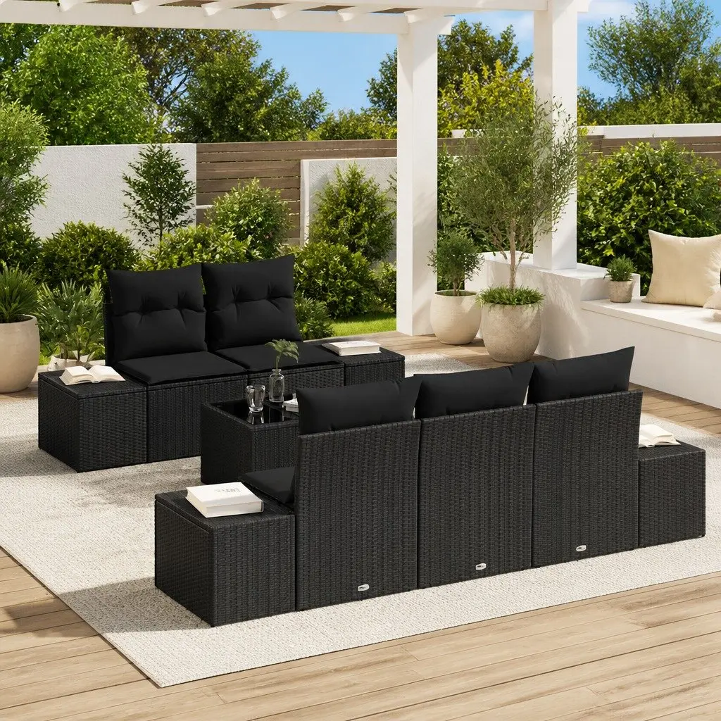 Outdoor Furniture Set 6 Pieces Black Poly Rattan with Cushions and Adjustable Glass Table for Patio Garden
