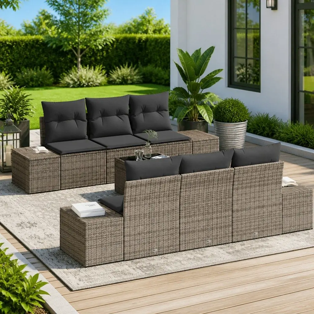 Outdoor Furniture Set Grey Poly Rattan 8 Pieces with Cushions Adjustable Height Glass Tabletop