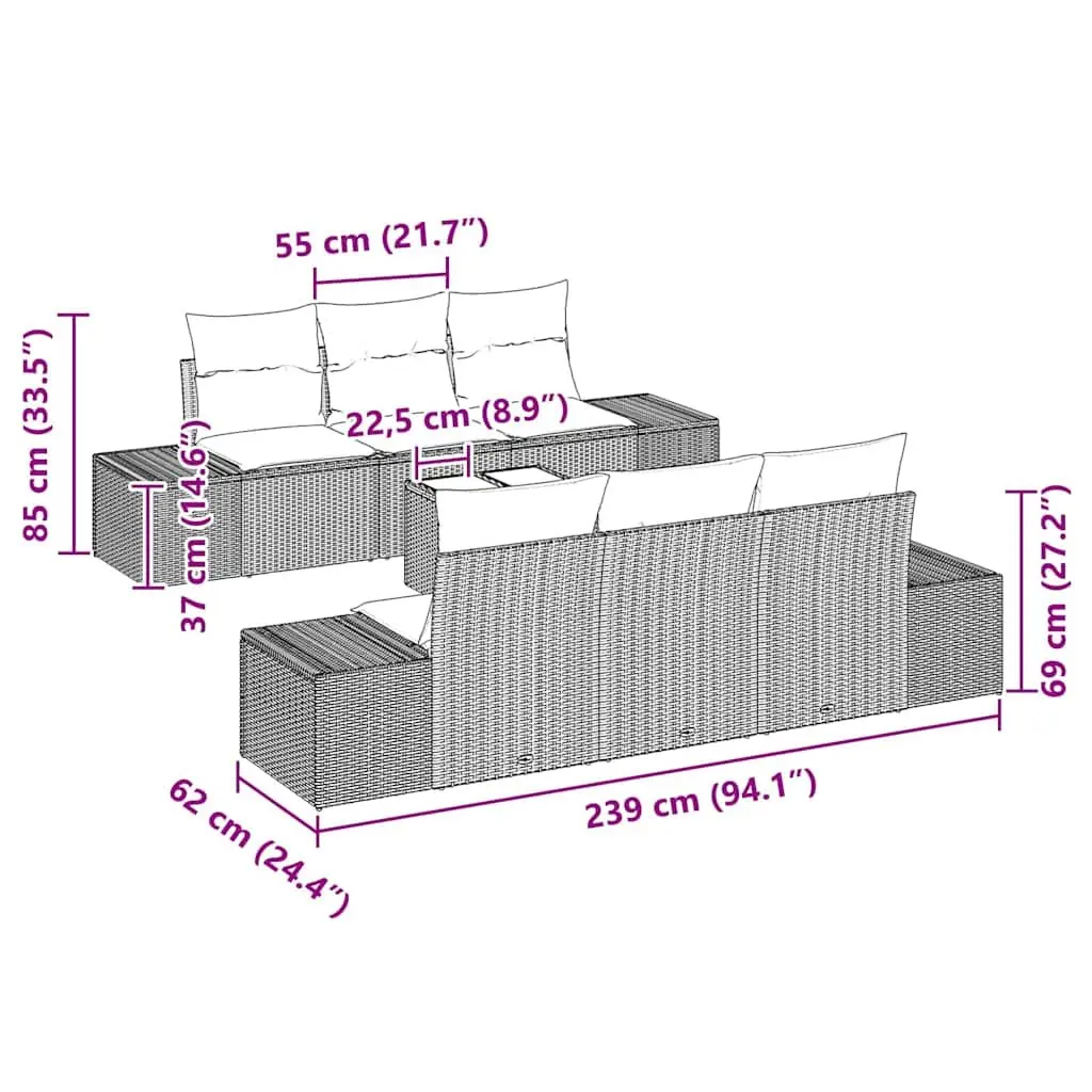 Outdoor Furniture Set Grey Poly Rattan 8 Pieces with Cushions Adjustable Height Glass Tabletop