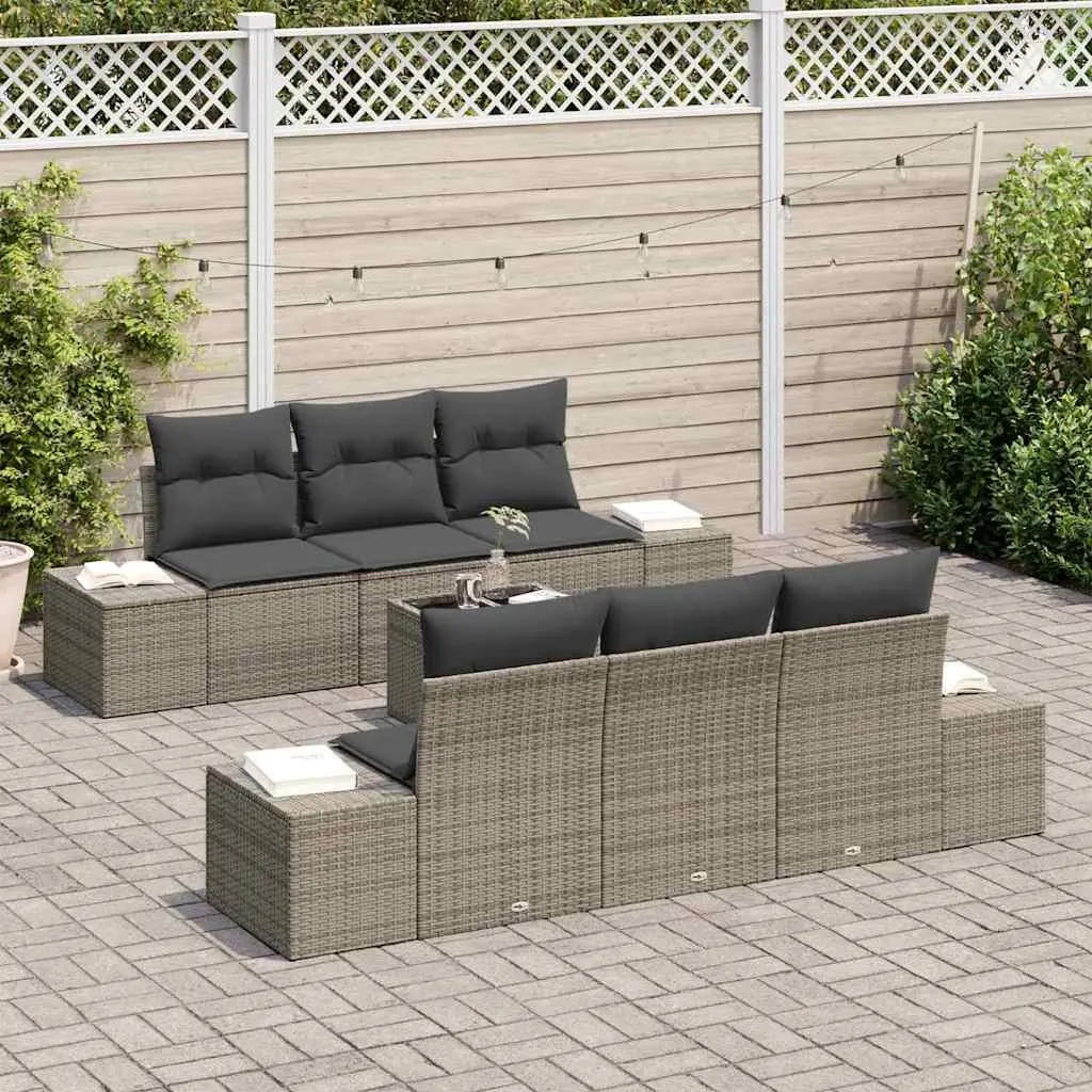 Outdoor Furniture Set Grey Poly Rattan 8 Pieces with Cushions Adjustable Height Glass Tabletop