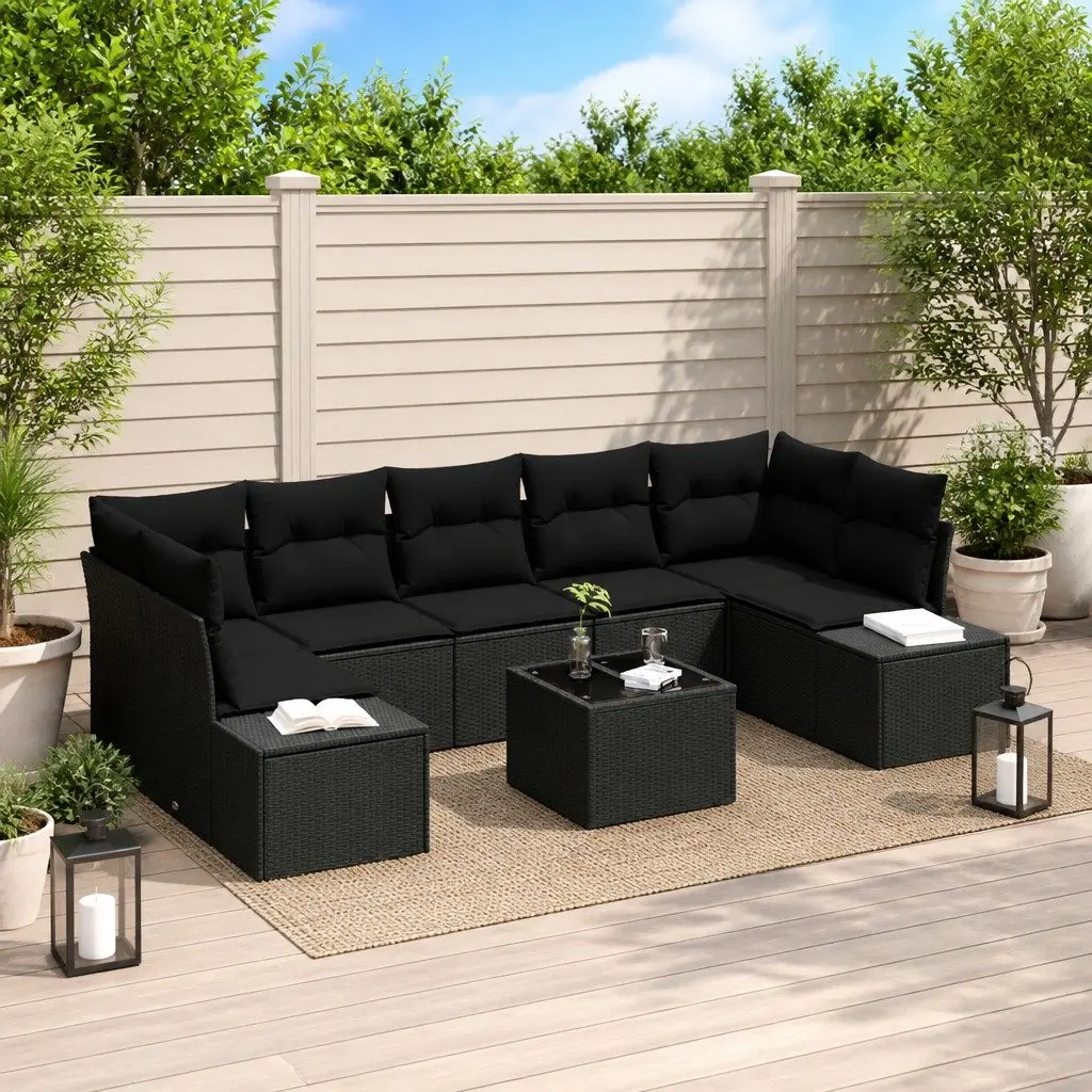 Modular Black Poly Rattan Outdoor Sofa Set 8 Piece with Adjustable Glass Top Table