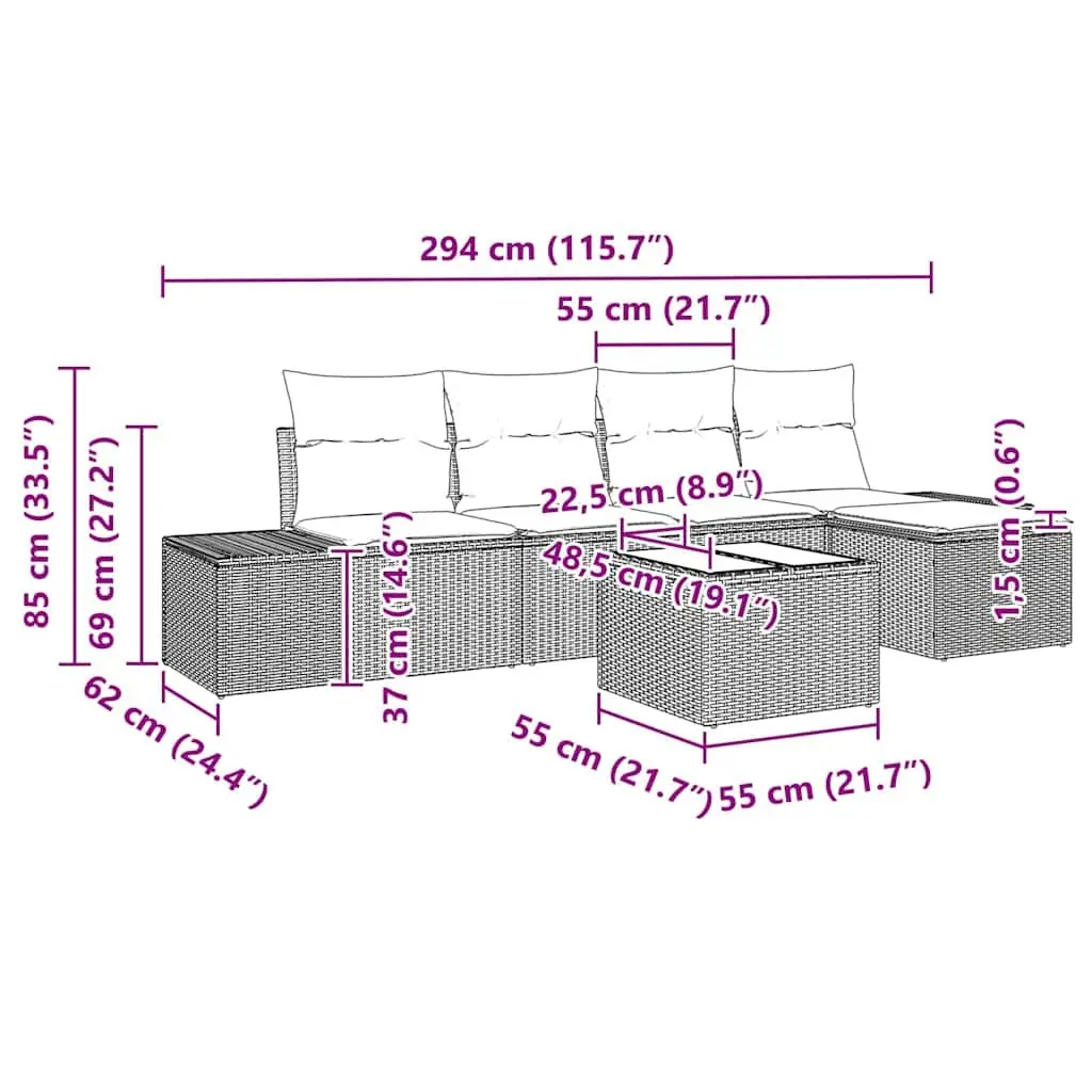 Outdoor Sofa Set Modular Poly Rattan 5 Piece Light Grey