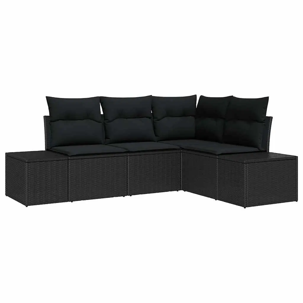 Modular Garden Sofa Set 4 Piece Poly Rattan Acacia Wood Black Outdoor Furniture