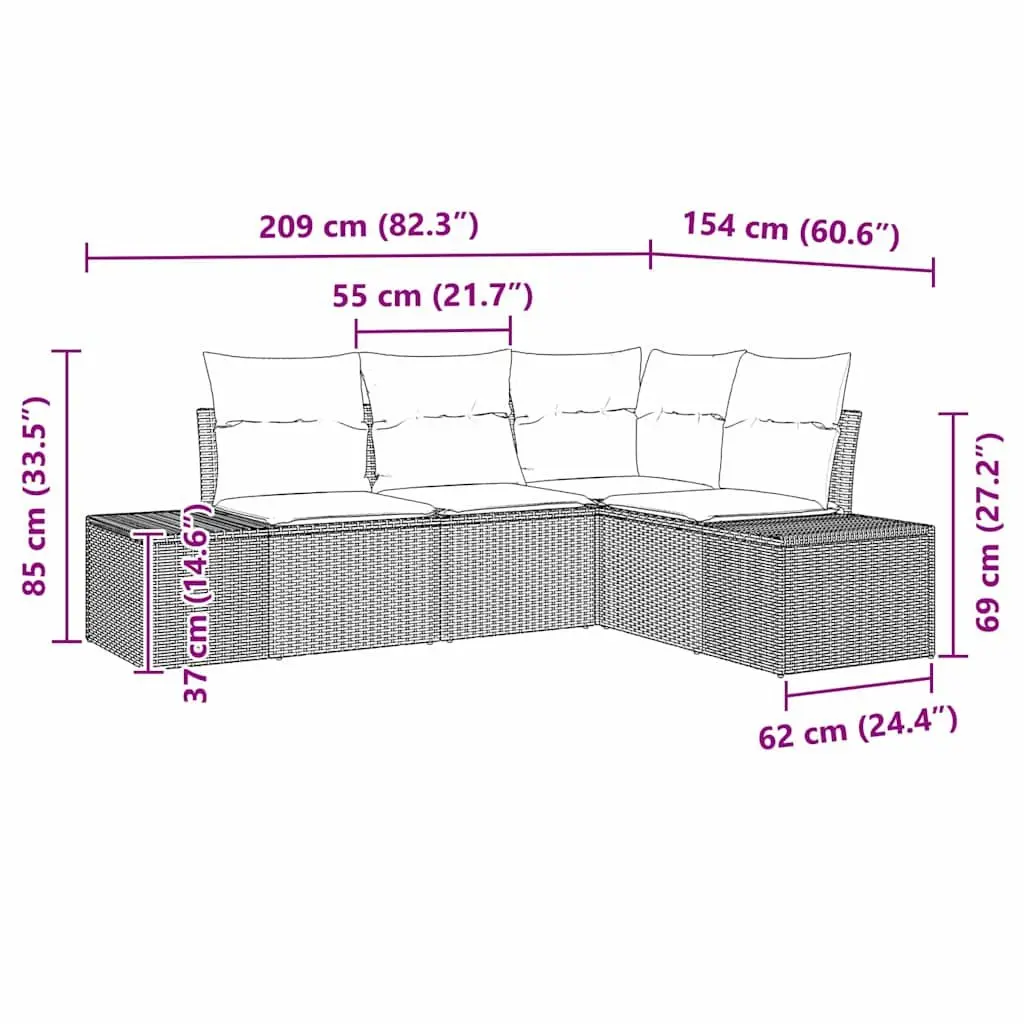 Modular Garden Sofa Set 4 Piece Poly Rattan Acacia Wood Black Outdoor Furniture